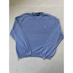 Polo Ralph Lauren Mens Large V-Neck Sweater Blue 100% Pima Cotton Pony Logo